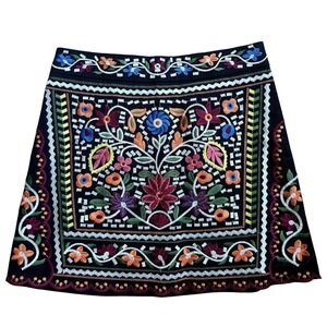 Lulus Mini Skirt Women's Medium Black Multicolor Floral Design Embroidered Boho